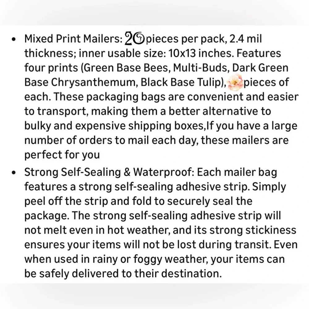 Floral Bee Poly Mailers 10x13 Set of 20 Waterproof Self Seal Shipping Bags